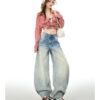 详情-14 Vintage Washed Embroidered Denim Pants — Low-Rise Slimming Wide-Leg Fit