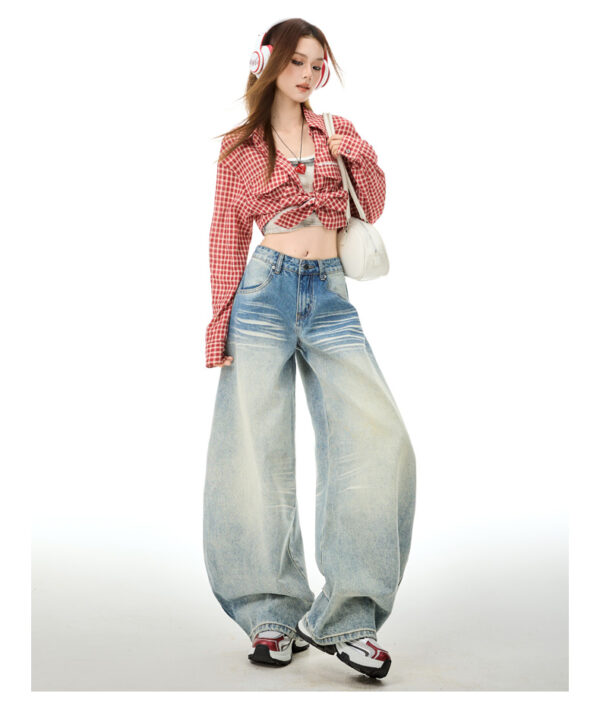 详情-14 Vintage Washed Embroidered Denim Pants — Low-Rise Slimming Wide-Leg Fit