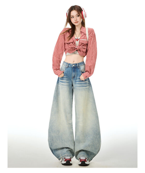 详情-15 Vintage Washed Embroidered Denim Pants — Low-Rise Slimming Wide-Leg Fit