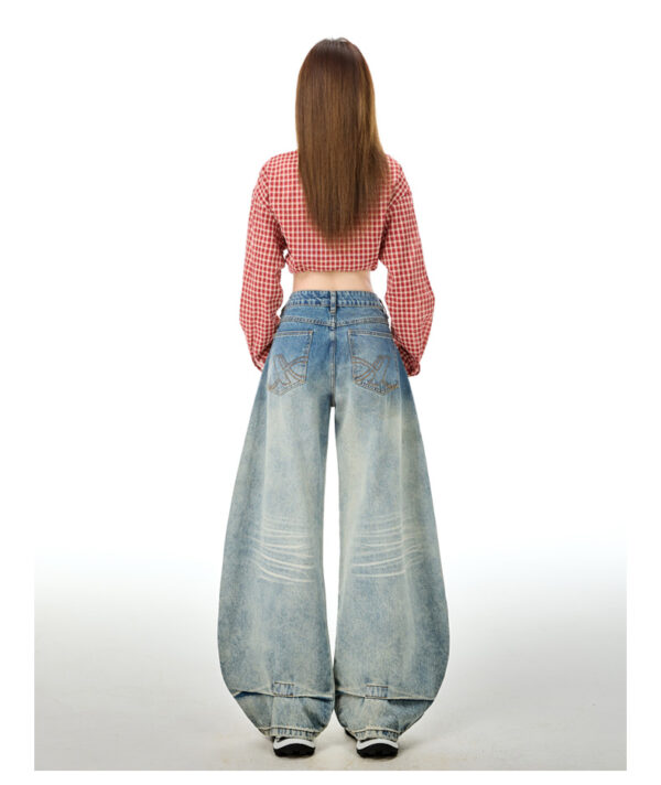 详情-16 Vintage Washed Embroidered Denim Pants — Low-Rise Slimming Wide-Leg Fit