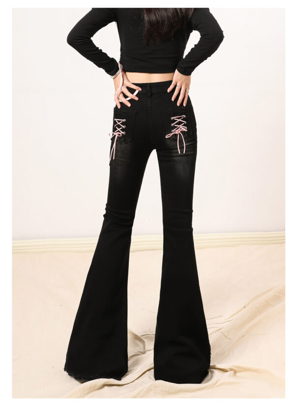 详情-20 Blue High-Waist Raw-Hem Flared Denim Pants — Stretch Slim Fit Retro Style