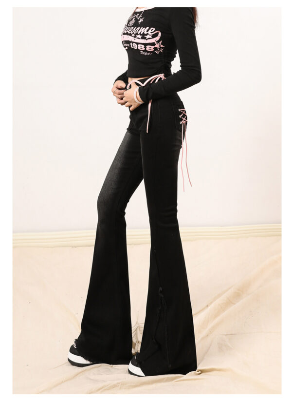 详情-22 Blue High-Waist Raw-Hem Flared Denim Pants — Stretch Slim Fit Retro Style