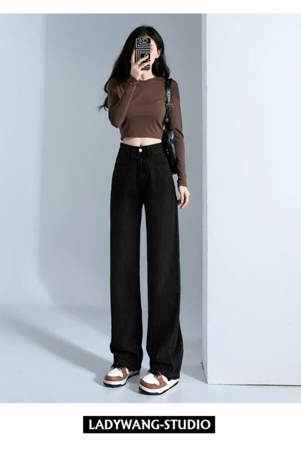 详情-24 Black High-Waist Narrow Wide-Leg Denim Pants — Slimming Draped Fit for Tall Silhouette