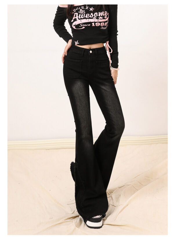 详情-24 Blue High-Waist Raw-Hem Flared Denim Pants — Stretch Slim Fit Retro Style