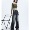 Washed Thermal Fleece Denim — High-Waist Wide-Leg Winter Pants